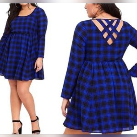 torrid Dresses & Skirts - Reg $75 Torrid Plaid Blue Black babydoll dress size 3 (size 22/24)
